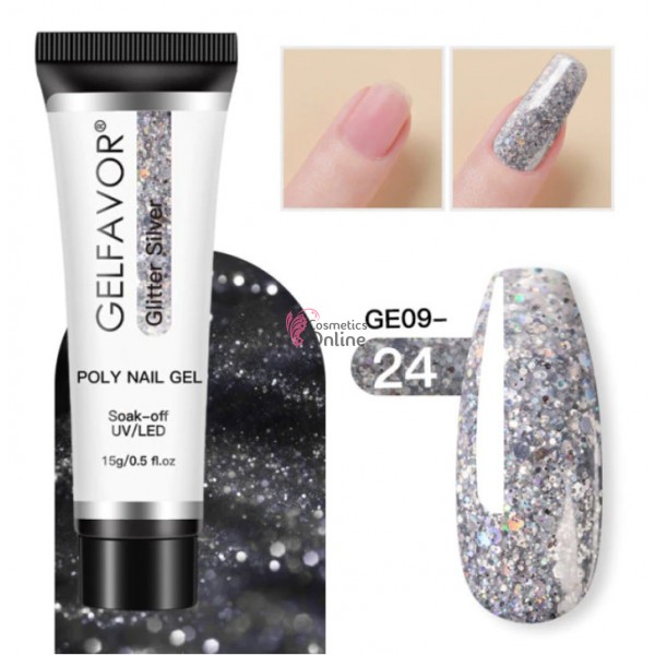 PolyGel UV /LED pentru unghii false GELFAVOR Gel For Nail Extension de 15 ml - GE0924 Glitter Silver